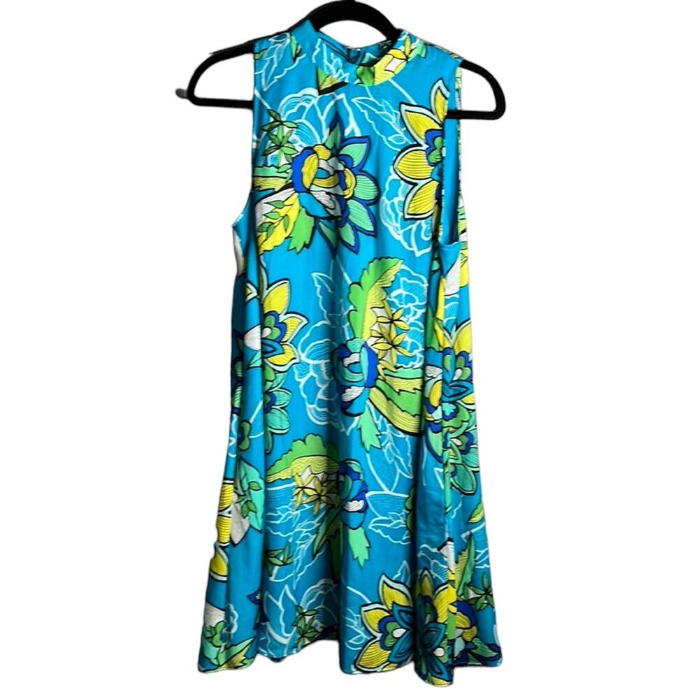 Kaari Blue Yellow Floral High Neck Sleeveless Swing Dress Medium
